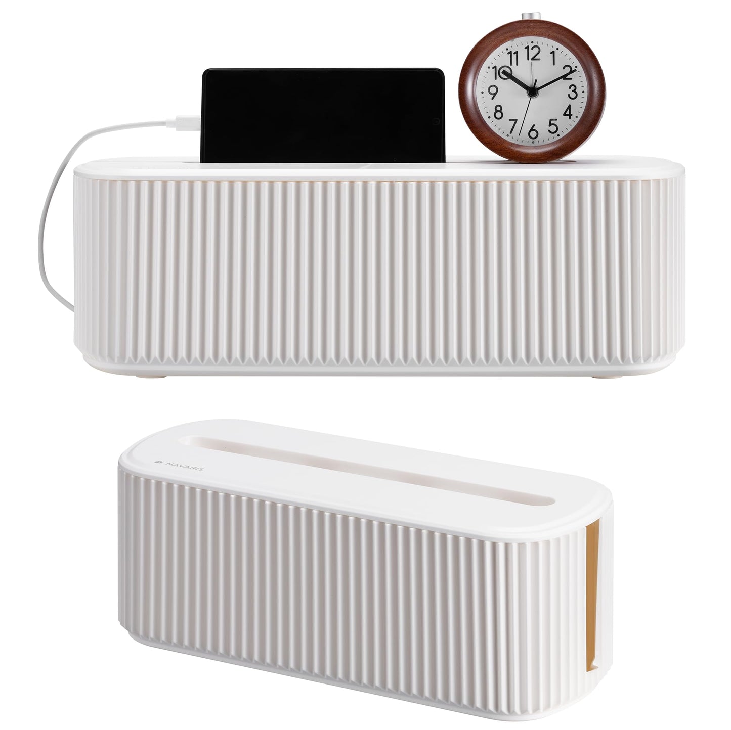Navaris Ribbed Cord Boxes - Stylish Cable Management Box - Cord Wire Organizer to Hide Cords - Power Strip Hider Storage Box - for Desk Desktop & TV Cable Management - Set of 2