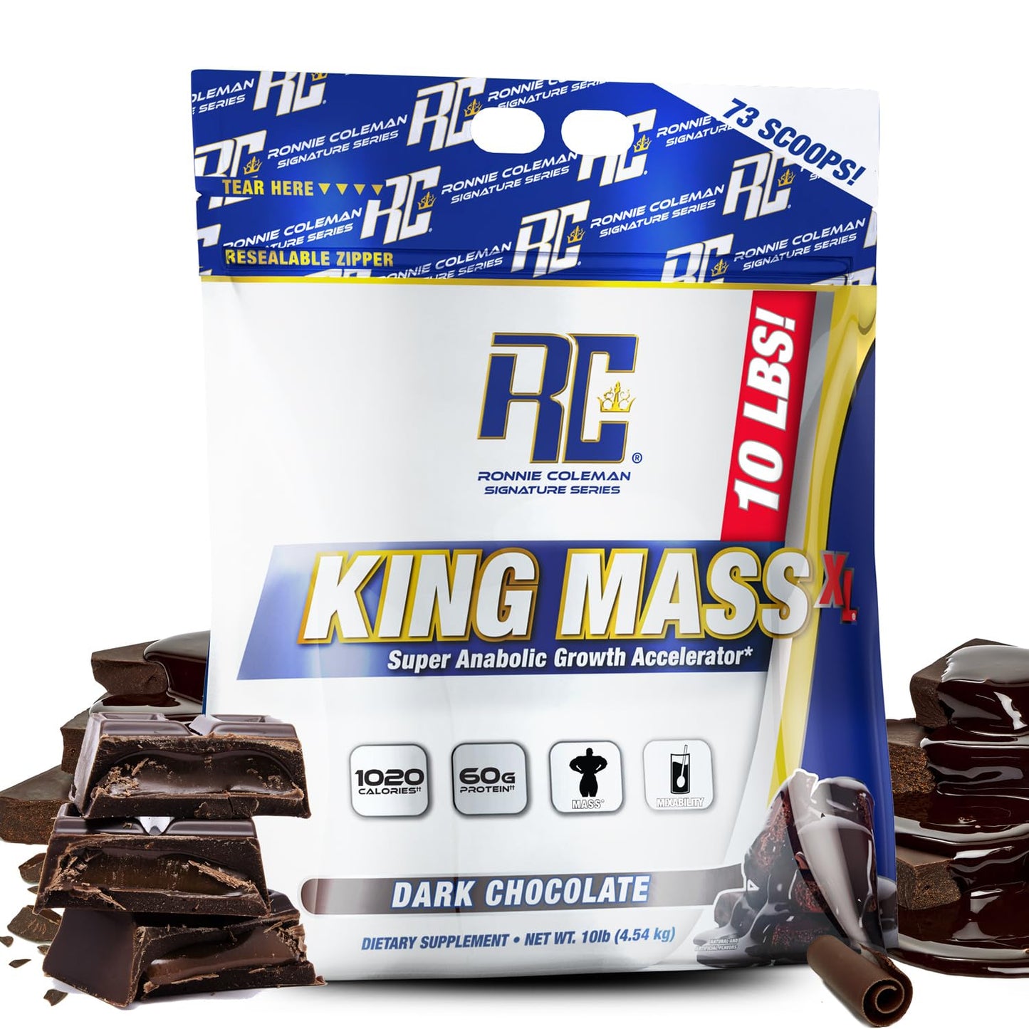 Ronnie Coleman Signature Series King Mass XL Mass Gainer Protein Powder – Dark Chocolate Weight Gainer with 60g Protein, 180g Carbohydrates, 1,000+ Calories, Creatine & Glutamine – 10 Pound