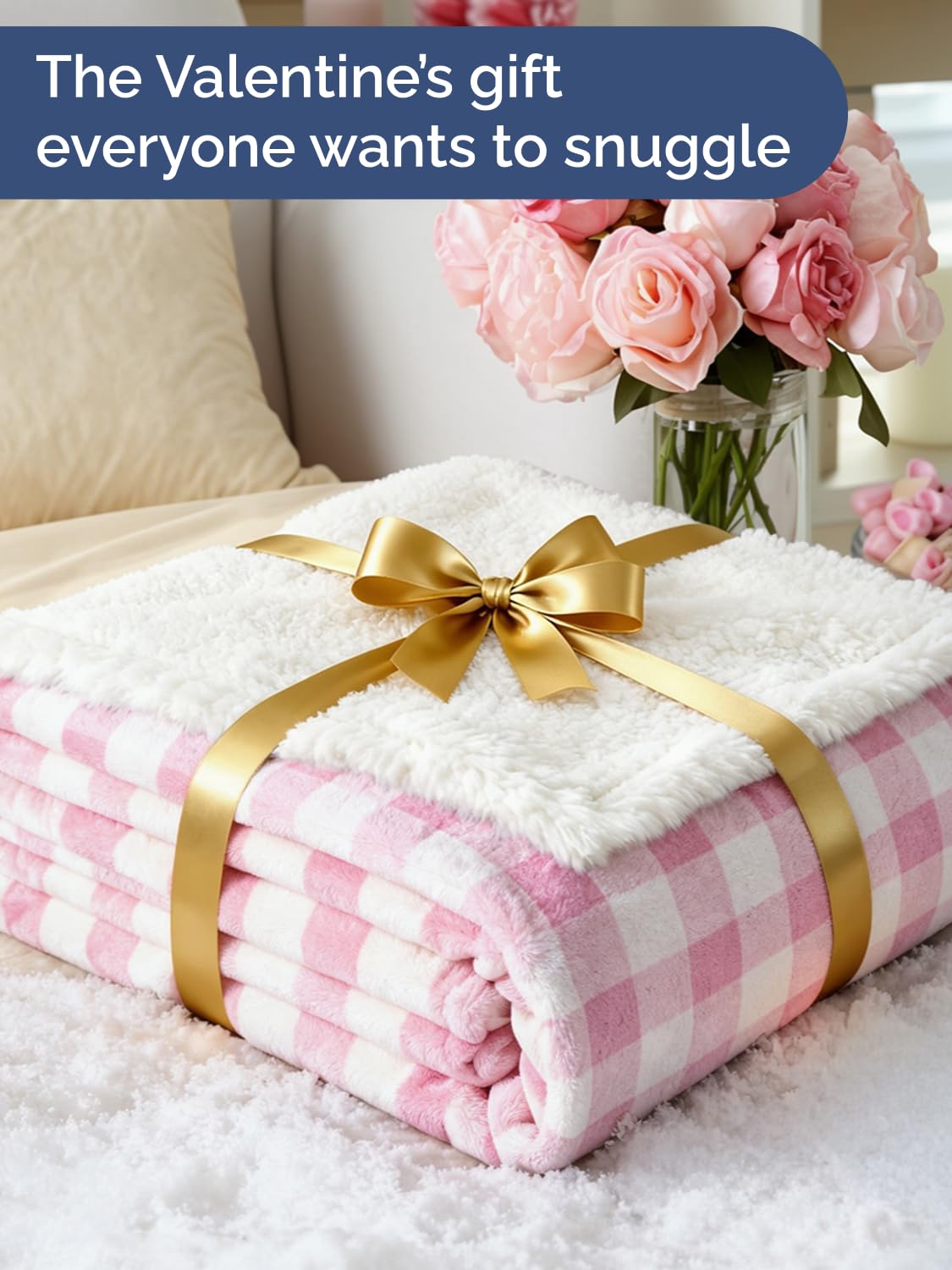 Sherpa Fleece Blanket Throw Size - Reversible Sherpa Fleece Throw Blanket - Super Soft Double Sided for Bed, Sofa, Couch - Thick, Warm, Plush - Luxurious Bedding for Winter - Pink Checkered, 50" x 60"