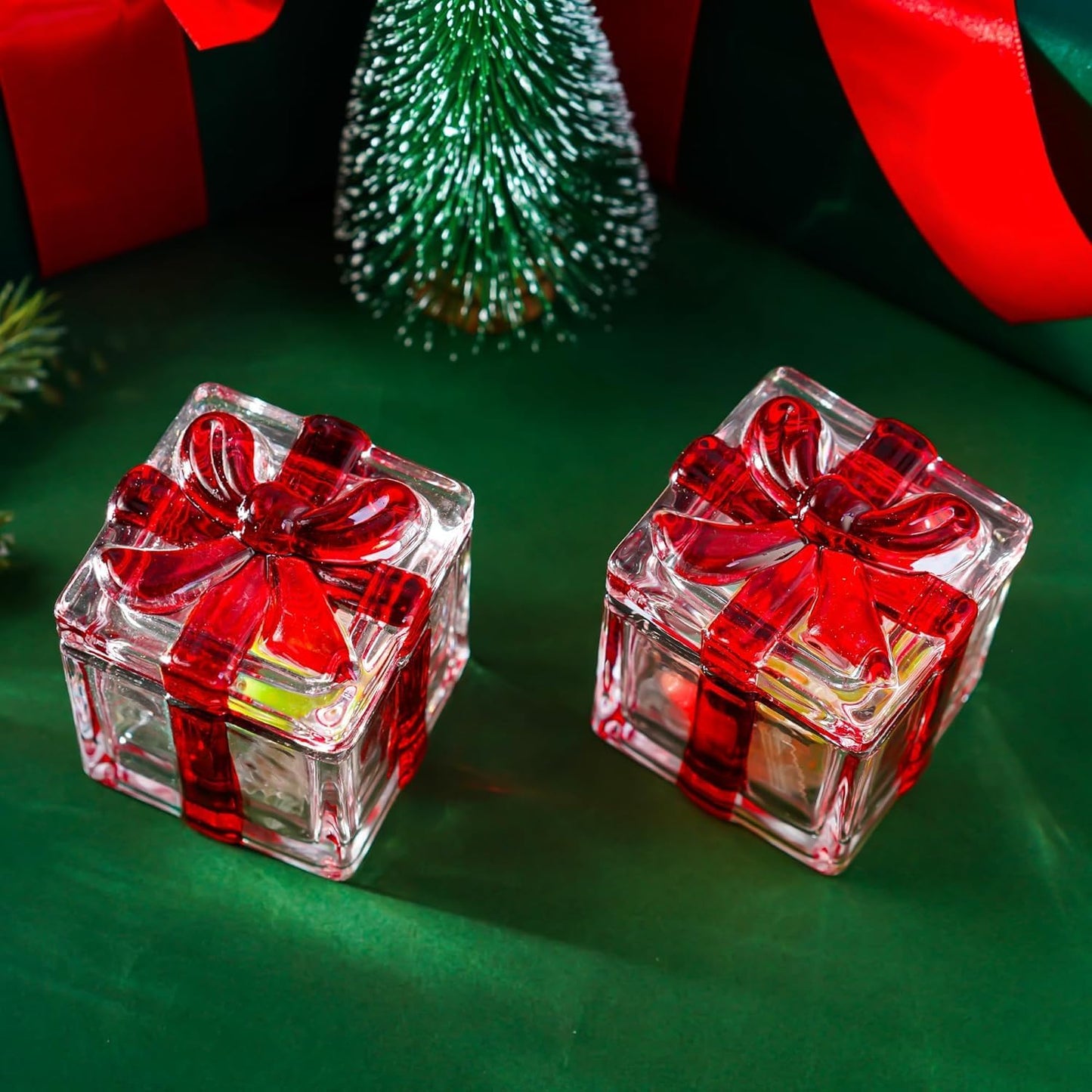 kanpura 2 Pcs Christmas Candy Jar with Lid 2.6" Red Square Crystal Candy Dishes for Xmas Peppermint Party