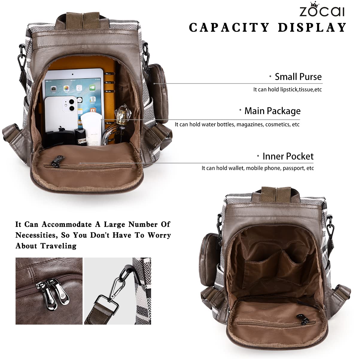 ZOCAI Backpack Purse for Women Fashion Backpack Purses PU Leather Daypacks Anti-Theft Shoulder Bag Satchel Purse(Khaki)