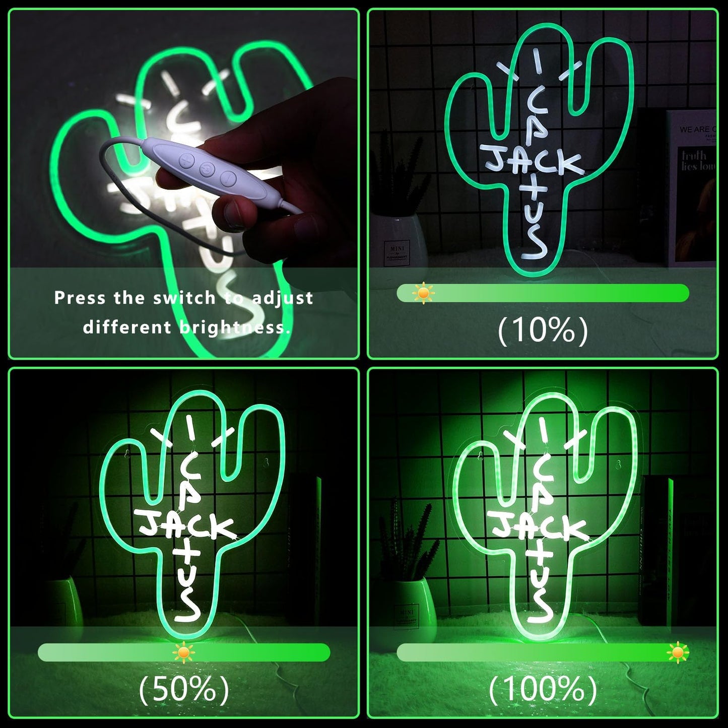 Cactus Jack LED Neon Sign - Decor Dimmable Green Jack Cactus Neon Light Up Wall Art for Bedroom Festival Decoration 15.7" X 11.8" Dimmer Home Lights for Man Cave Club Pub Beer Bar Birthday Christmas Gift
