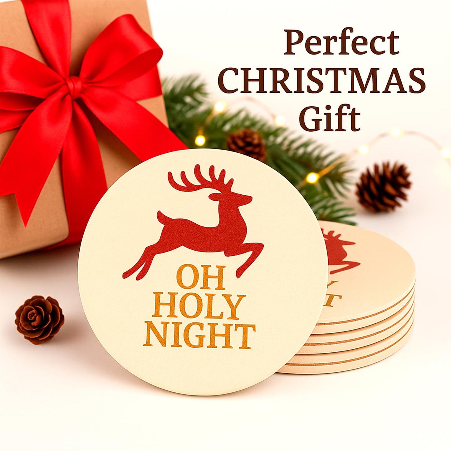 Christmas Ceramic Coasters Set of 4,“Oh Holy Night” Reindeer Absorbent Stone Drink Coasters with Non-Slip Cork Backing for Coffee Table, Holiday Party, Winter Home & Kitchen Decor