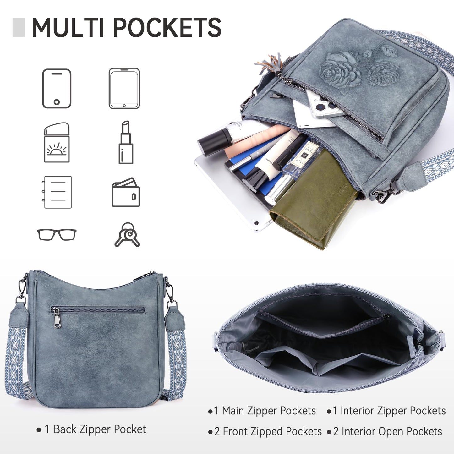 VIMUTI Crossbody Bags for Women Trendy Vegan Leather Hobo Purses for Women Embossed Flower Shoulder Handbags Bucket Bag (01-Blue)
