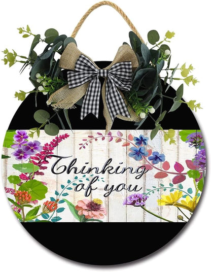 Garden Thinking Of You Front Door Sign Funny Wreaths Hanging Wooden Plaque Decoration Round Rustic Wood Farmhouse Porch Decor for Home Front Door Decor, 12 x 12 Inch