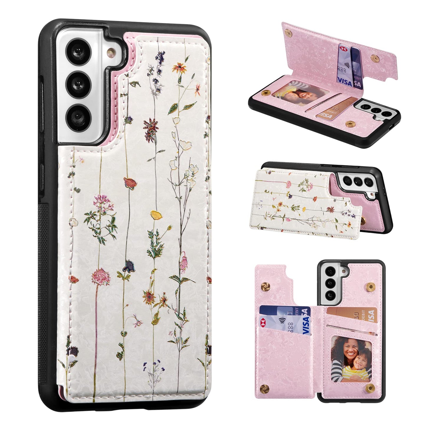 UEEBAI Wallet Case for Samsung Galaxy S22 5G with Card Holders, PU Leather Cover Kickstand RFID Blocking Double Magnetic Clasp Rilievo Flower Shockproof Flip Case for Women Girls - Tree Vine