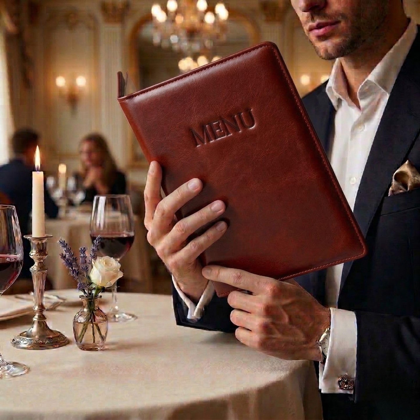 2-Pack Mahogany Red Vegan Leather Menu Cover with Embossed MENU Design 8.5x11 4 Page 8 View Clear Sleeves Restaurant Menu Holder Presentation Folder Portfolio Binder Sheet Music Professional