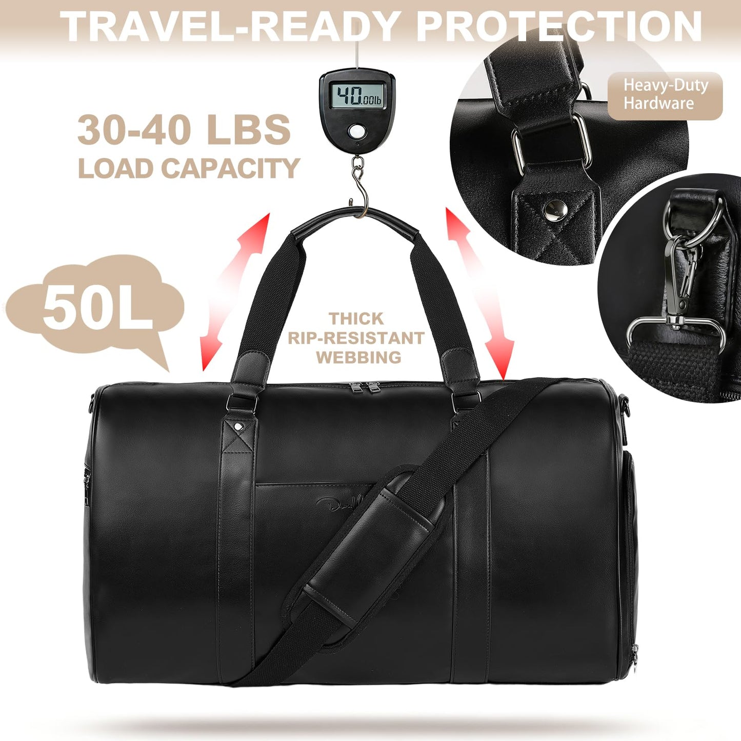 Large 3-in-1 Leather Duffle Bag for Travel Weekender Overnight Hospital Gym Bag for Men & Women, Carry On Airline Approved Personal Item Duffel Garment Bag Luggage with Shoe Compartment & Toiletry Bag
