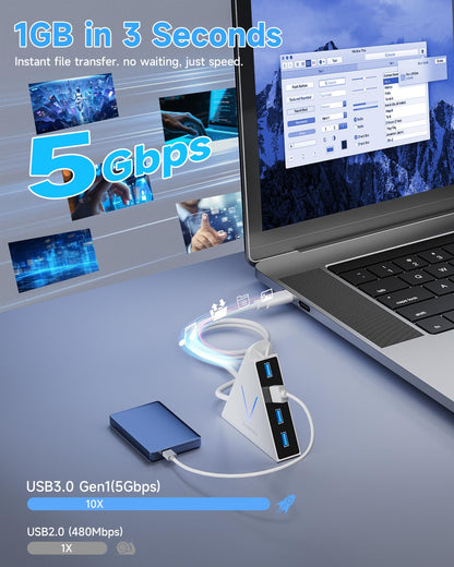 4-Port USB 3.0 Hub, FlyingVHUB Vertical Data USB Hub with 2 ft Extended Cable, for Mac, PC, Xbox One, PS4, PS5, iMac, Surface Pro, XPS, Laptop, Desktop, Flash Drive, Mobile HDD(Pink)