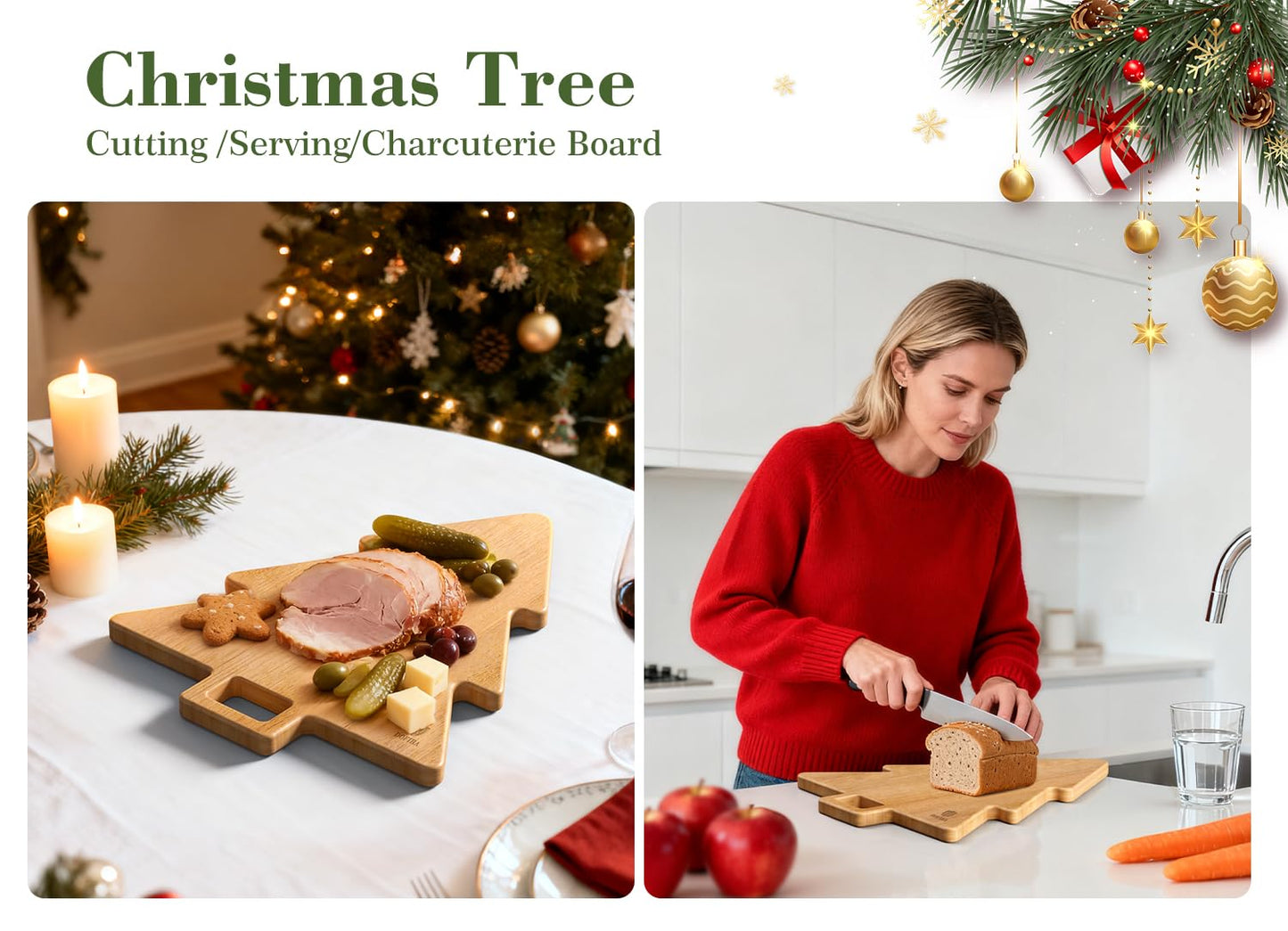 Dofira Acacia Wood Christmas Tree Cutting Board 15x12 Inch Charcuterie Board with Handle, Xmas Cheese Appetizer Tray, Wooden Decorative Serving Platter for Holiday Kitchen Party