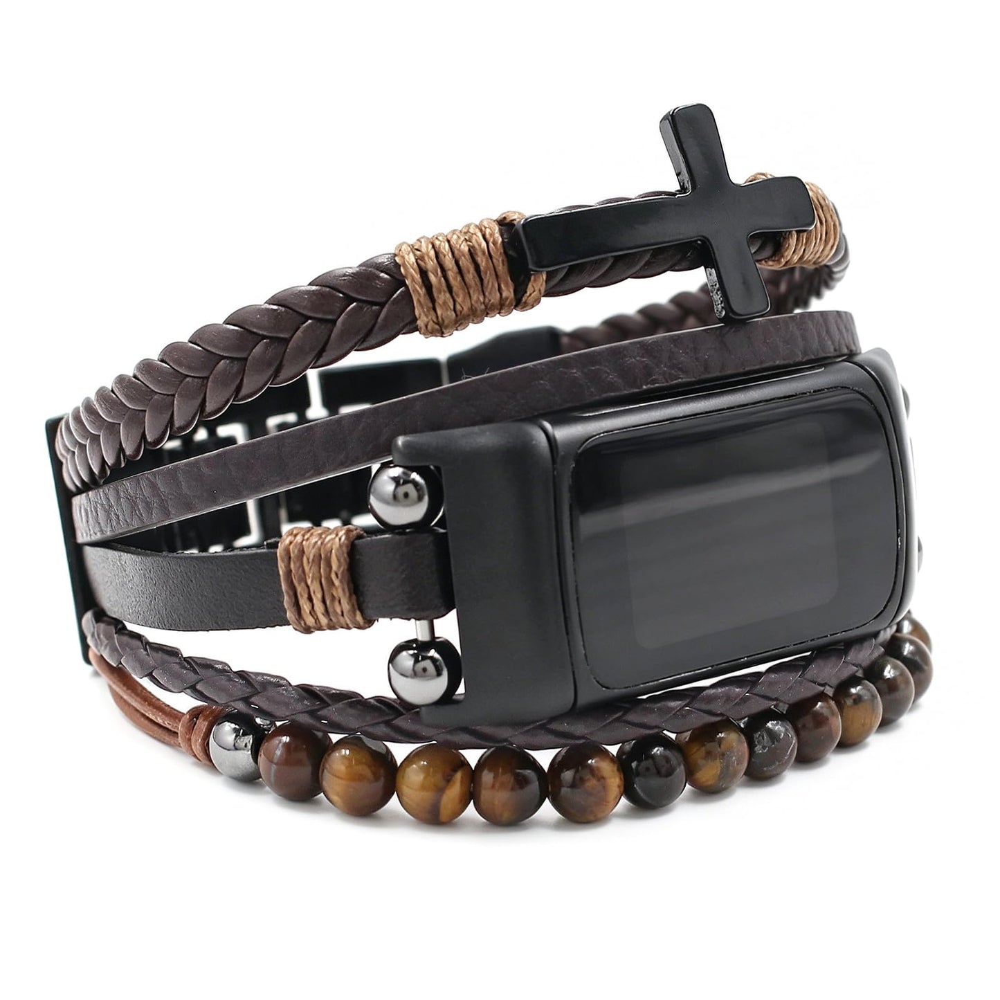 YOSWAN Boho Bracelet Compatible with Fitbit Charge 6 Bands/Charge 5 Bands for Women Men, Dressy Beaded Handmade Multilayer Wrap Leather Strap for Fitbit Charge 5/6 Watch (Brown/Black)