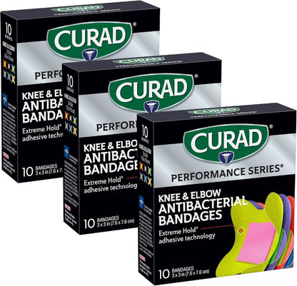 CURAD Performance Series Antibacterial Bandages, Elbows and Knees, 3" x 3", 30 Count