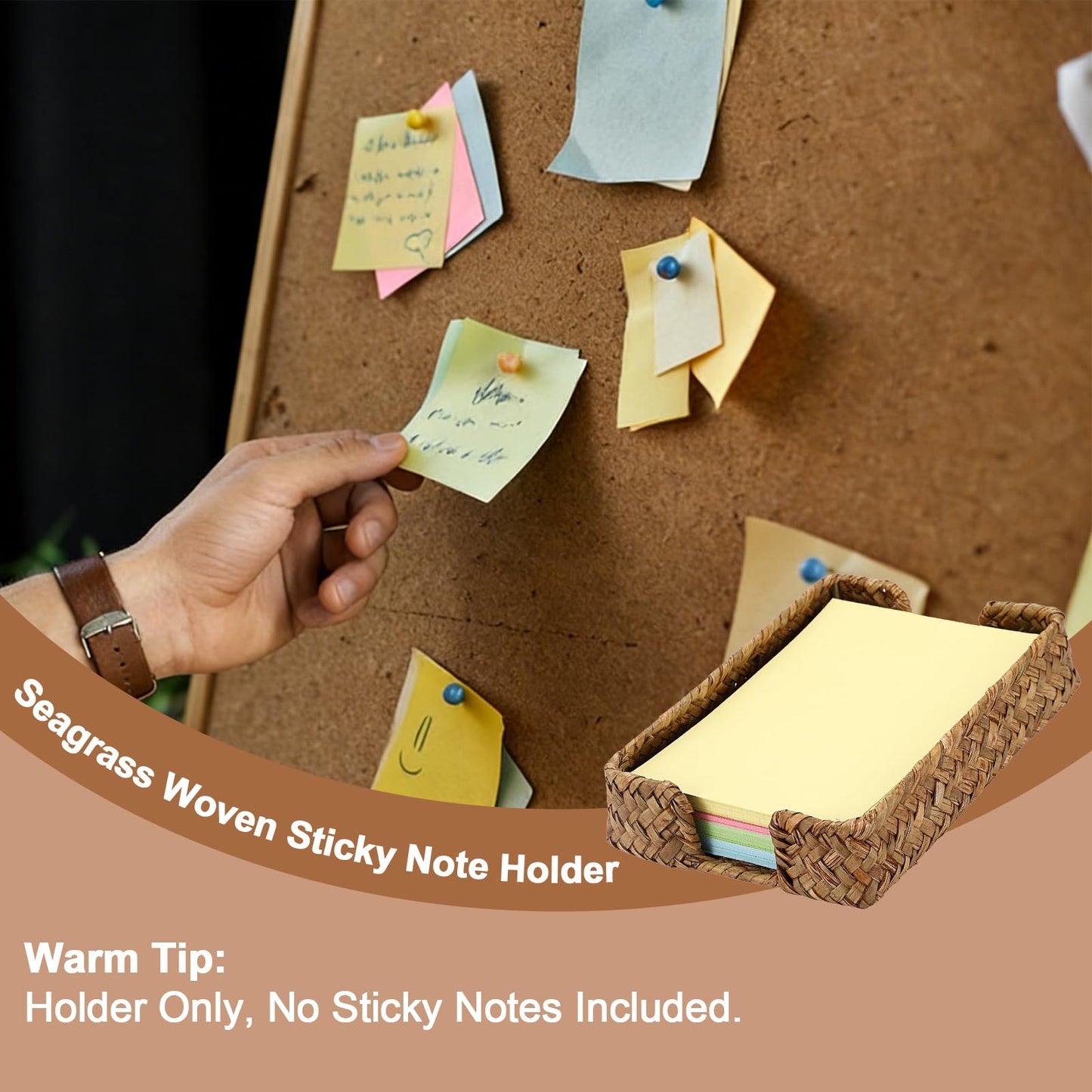 BTSKY Handwoven Sticky Note Holder for 4x6 Inch Sticky Notes, Seagrass Post It Note Dispenser, Rustic Notepad Holder, Notes Storage Container for Desk Organization Planning, Home Office, Caramel