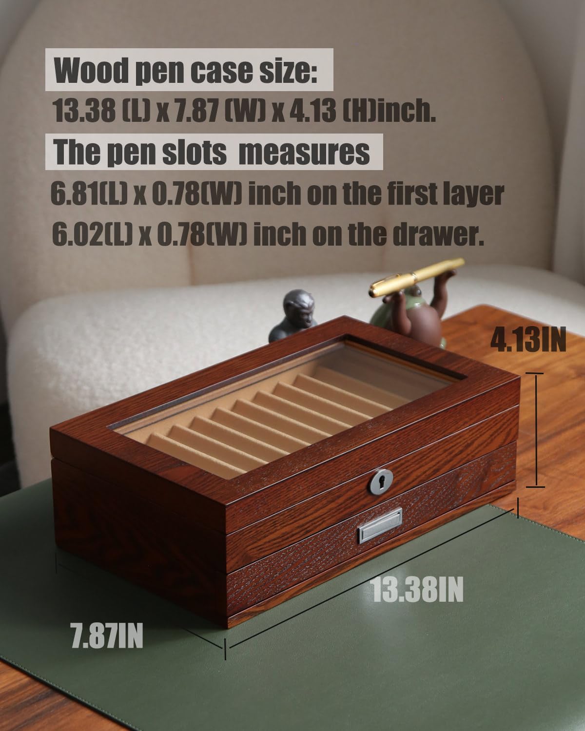 Bonaking Pen Display With 24 Slots, Wood Storage Organizer, Glass Window Box for Men Gift (Brown Ash Veneer Finish, Camel Velvet)