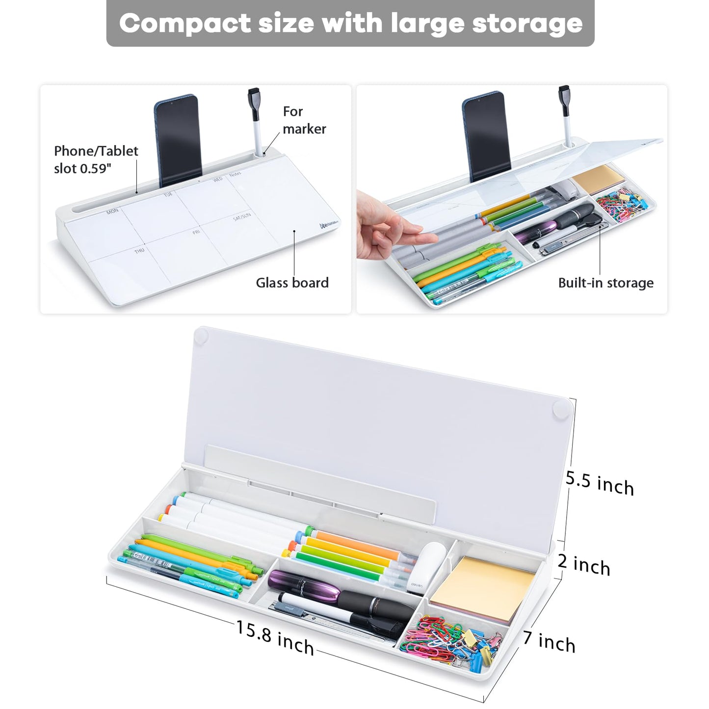 Varhomax Glass Weekly Dry Erase Desk White Board, Desktop to Do List Planner Whiteboard Calendar with Storage Caddy Memo for Home and Office, White