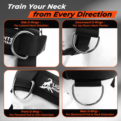 Lights Mountain Adjustable Neck Harness for Weight Training with 6 D-Rings, Includes Skull Cap, Resistance Band & Loading Strap - Adjustable Head Harness for Neck Strengthening & Resistance Workout