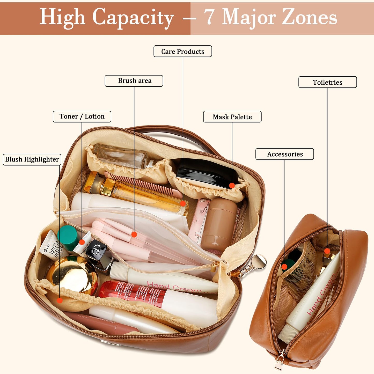 CLOUDWINGS Birthday Gifts for Women Teen Girl, Personalized Initial Makeup Organizer Bag Set, Open Flat Travel Cosmetic Bag With Clear Divider and Handle(Brown,S)