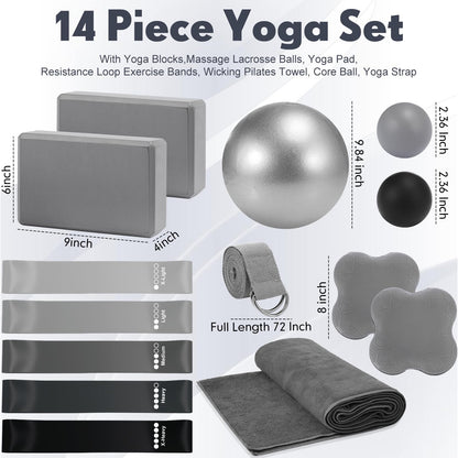 Simgoing 14 Pcs Yoga Kits for Home Workouts Pilates Equipment Set for Women Beginners, Hot Yoga Towel Blocks Strap, Knee Pad, Resistance Loop Exercise Band, Massage Lacrosse Ball, Pilates Ball(Gray)