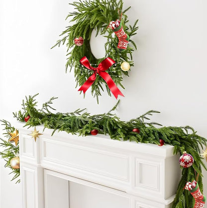 9 Ft Norfolk Pine Christmas Garland - Artificial Faux Pine Needles Real Touch Winter Garland - Indoor/Outdoor Holiday Greenery Garlands for Fireplace Mantle, Staircase, Window Decor