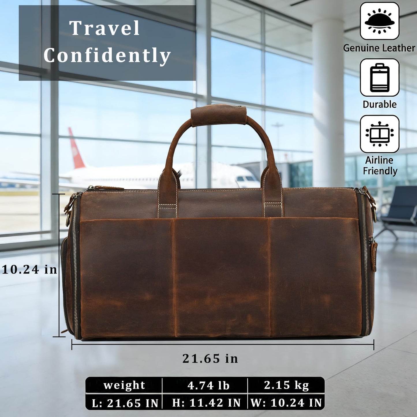 Men's Carry On Garment Bag, Convertible Garment Bag Full Grain Leather Duffle Bags with Shoe Pouch, 2 in 1 Hanging Suitcase Suit Travel Bags