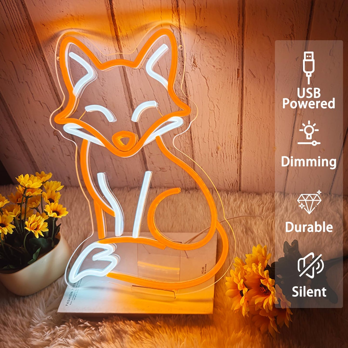 Fox Neon Sign, USB Powered Dimmable LED Fox Neon Light for Bedroom Living Room Wall Decor, Animal Themed Gifts for Girls Boys Birthday Christmas Party,16.5" x 11"