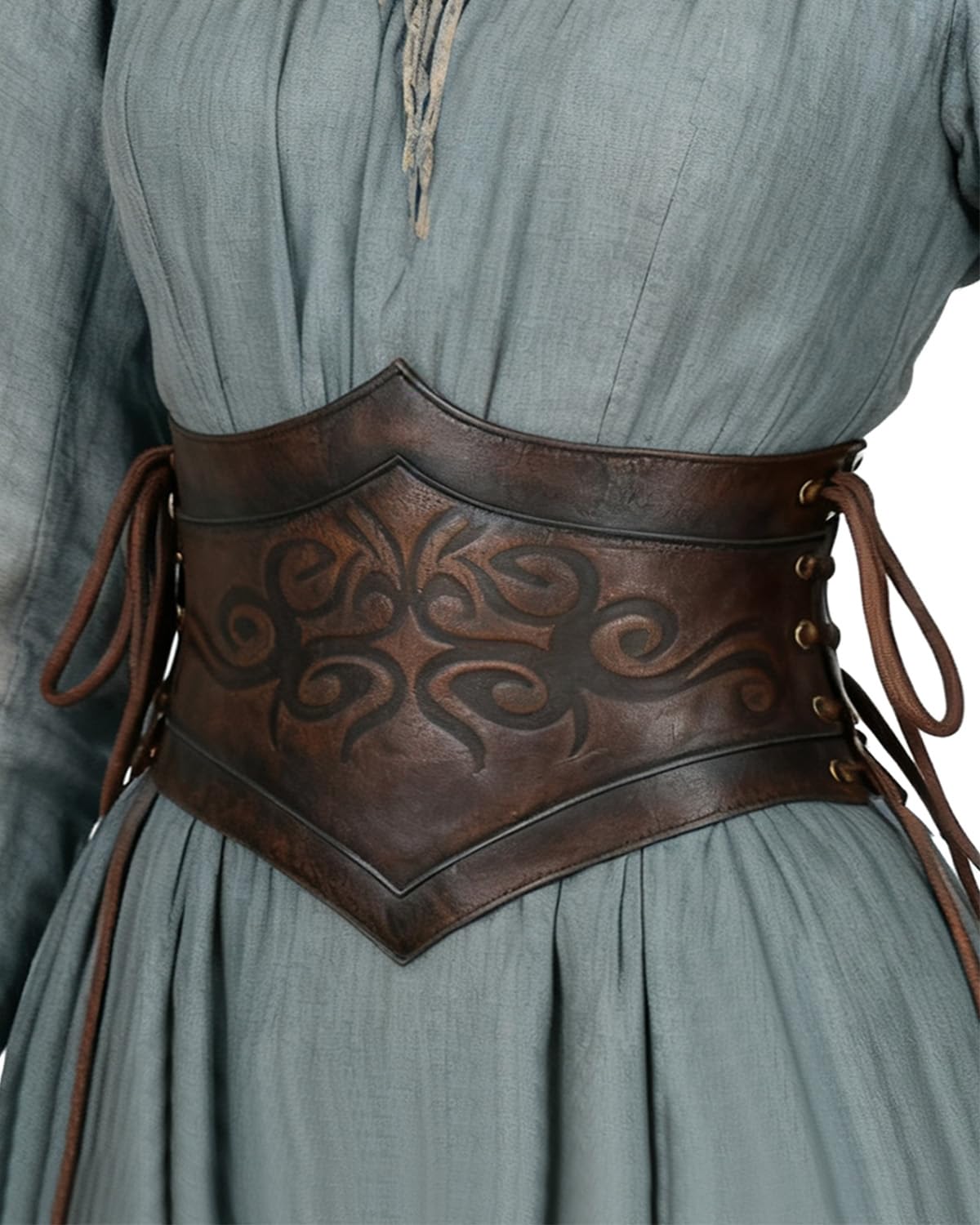 L'VOW Women Renaissance Brown Leather Corset Belt Medieval Viking Cinch Belt LARP Halloween(XXL)