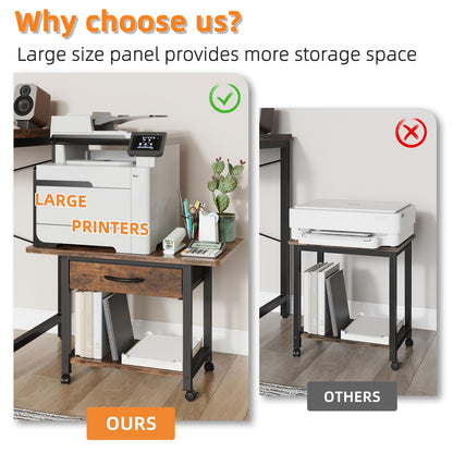 YAOHUOO Large Printer Stand with Storage Drawer, 2-Tier Under Desk Table for Home Office, Fits Fax Machine/3D Printer/Scanner (Brown)