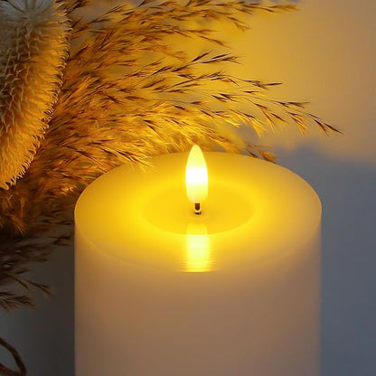 4" x12" Flameless Flickering Remote White Candles with Candle Grease and Timer, LED Battery Operated Fake Real Wax 3D-Wick Pillar Candles, Pack of 1