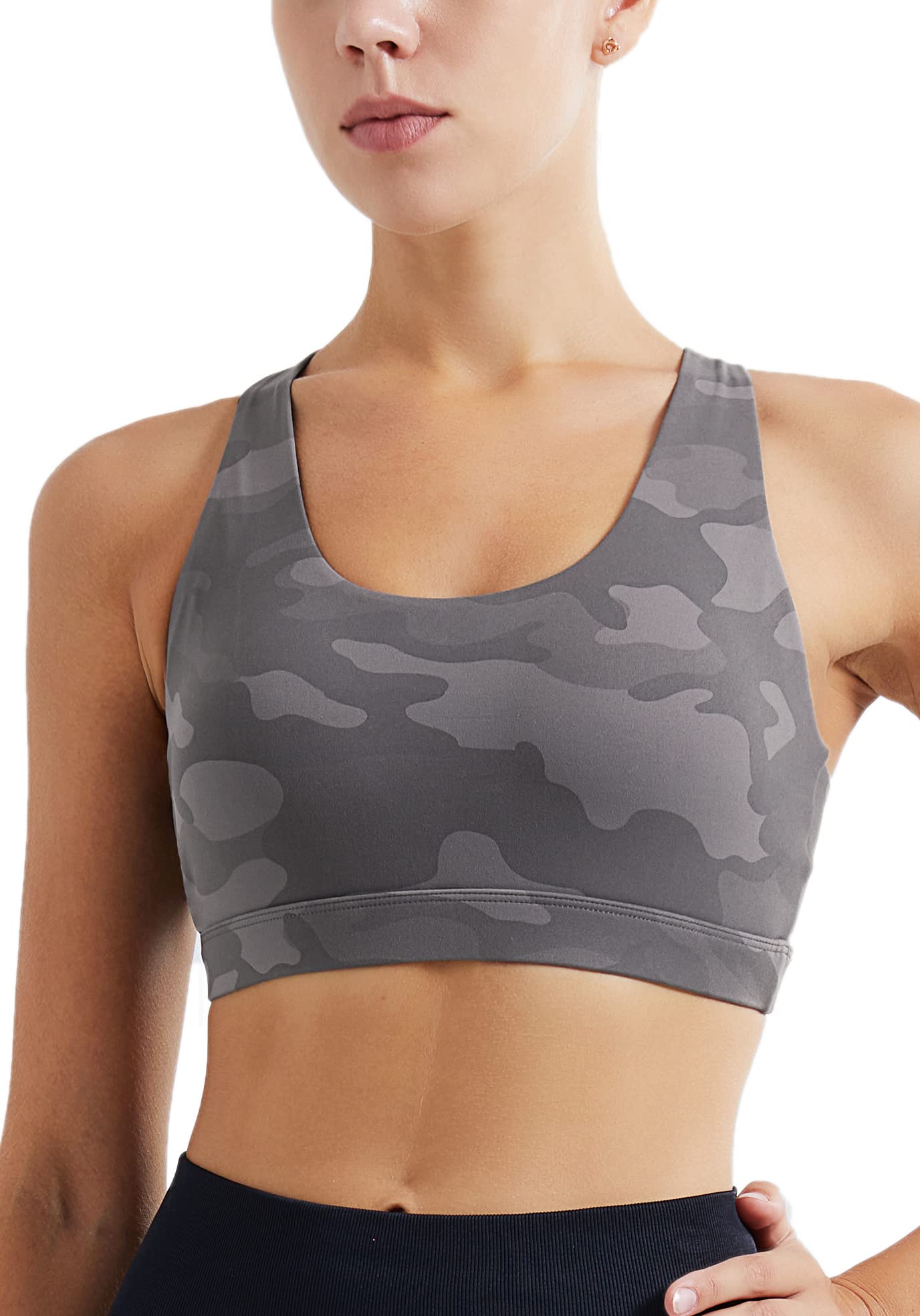RUNNING GIRL Sports Bra for Women, Criss-Cross Back Padded Strappy Sports Bras Medium Support Yoga Bra with Removable Cups(2575_Camo Black_XL)
