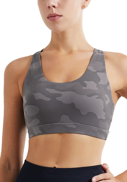 RUNNING GIRL Sports Bra for Women, Criss-Cross Back Padded Strappy Sports Bras Medium Support Yoga Bra with Removable Cups(2575_Camo Black_XL)