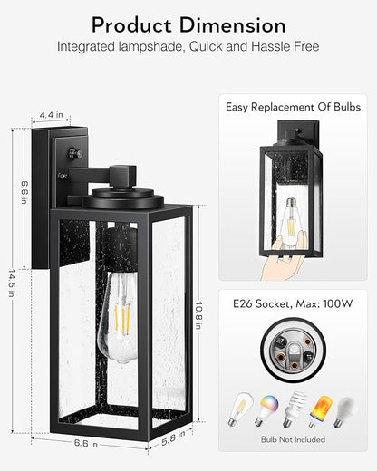 VIANIS 14.5" Large Outdoor Sconce Lights, Black Dusk to Dawn Outdoor Lighting with Tempered Bubble Glass, Anti-Rust Outside Light Fixtures Wall Mount, Waterproof Front Porch Light for Porch, Garage
