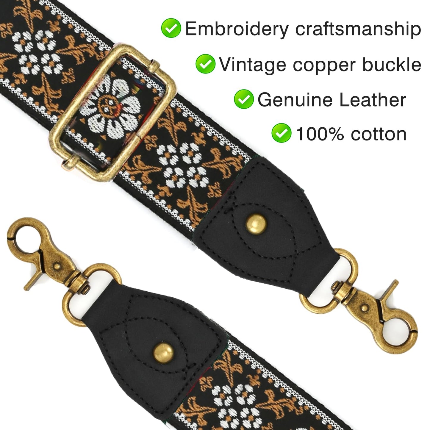 KIMPUDSEN Purse Strap Replacement Crossbody Handbag Adjustable Embroidery Bag Strap(Black Leather-28)