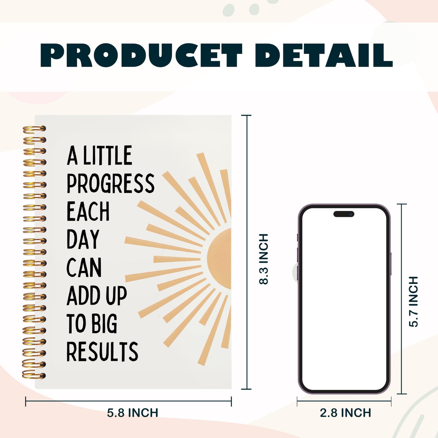 BearCake Boho Sun Inspirational Motivational Notebooks Journal,Mental Health Gifts, a Little Progress Each Day Can Add Up to Big Results Notebooks,Boho Sunshine Notebook,Spiral Notebook 5.5x8.3