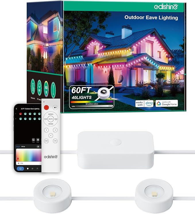 EDISHINE 60ft Permanent Outdoor Christmas Lights for House, 40 LED Eave Light with App/Remote, IP67 Smart RGB+IC+Warm/Cool White Holiday Light with 50 Scene Modes, Work with Alexa Google Assistant