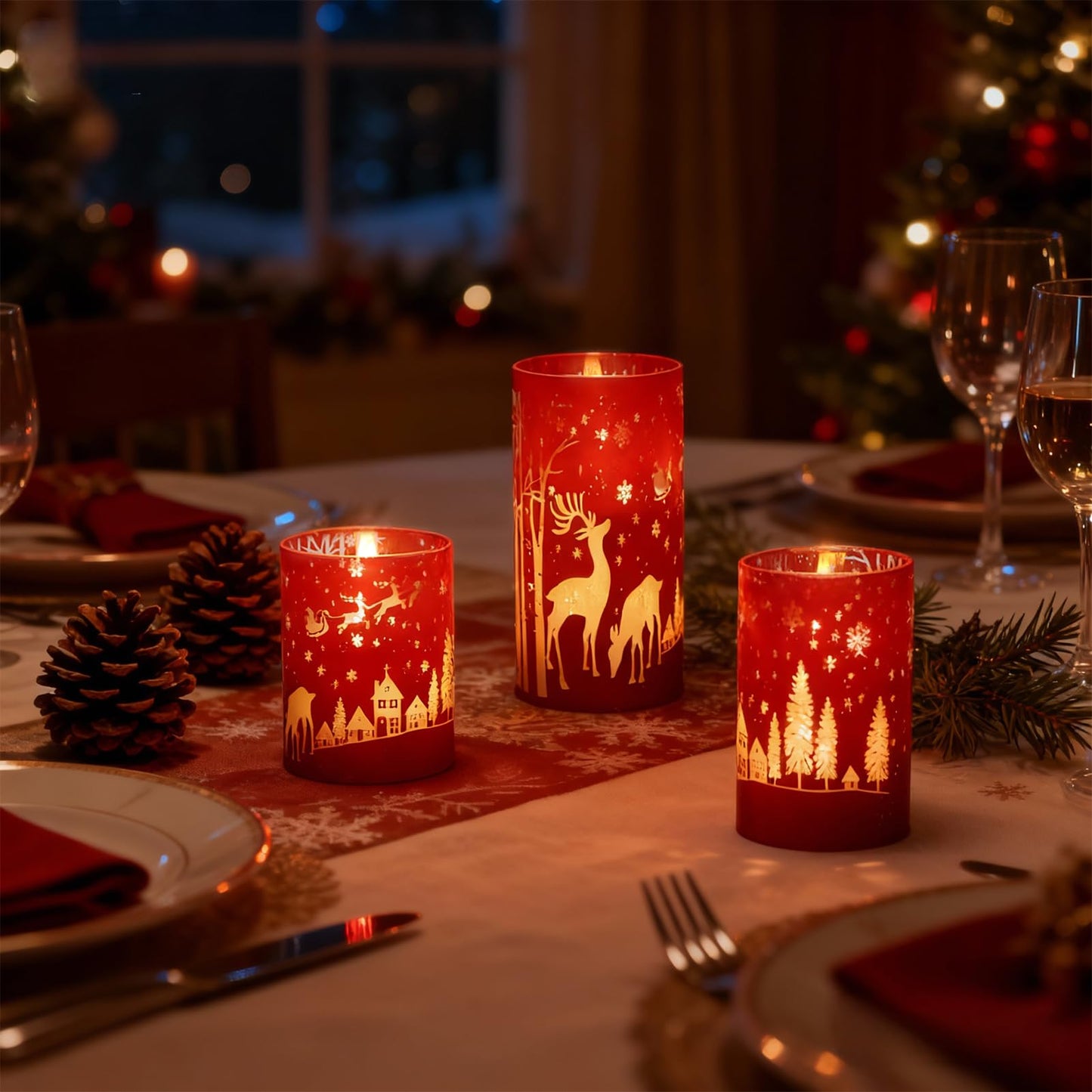 Wondise Red Christmas Reindeer LED Flameless Candles with Remote Timer, Electroplate Glass Battery Operated Real Wax Flickering 3D Wick Pillar Candles for Christmas Holiday Home Decoration
