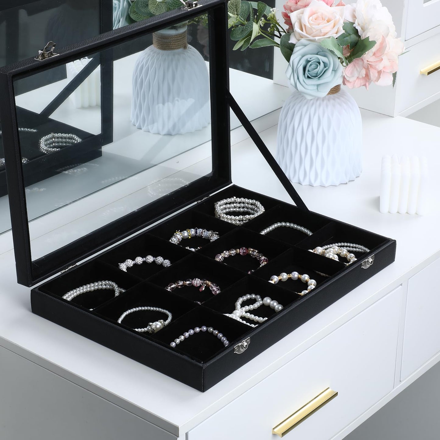 12 Grid Stackable Bracelet Holder Organizer Box for Drawer Tray, Velvet Jewelry Organizer Box Bracelet Display Jewelry Trays with Transparent Glass Lid Bangle Necklace Ring Holder Case for Selling