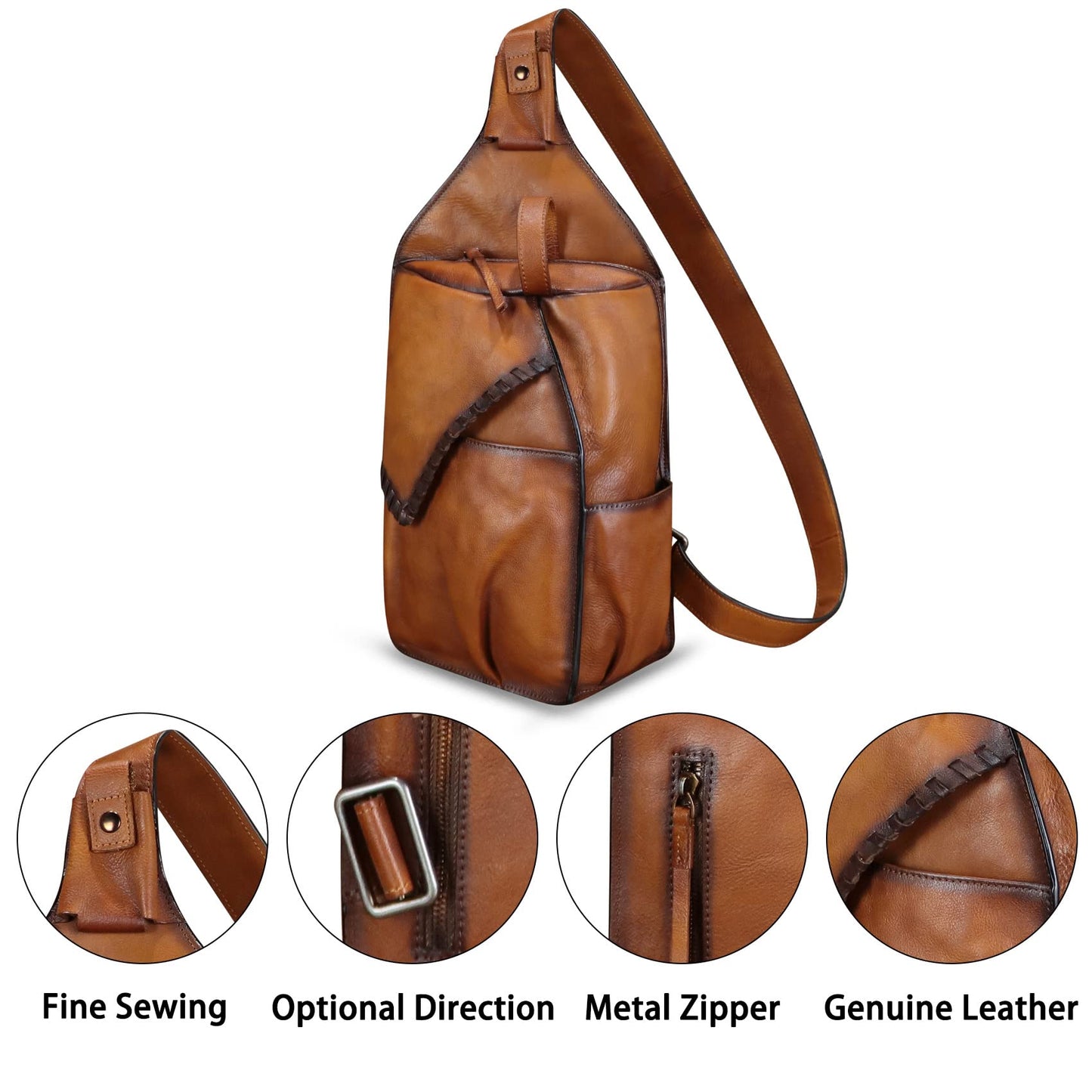 FEIGITOR Genuine Leather Sling Bag for Men Handmade Retro Crossbody Backpack Purse Hiking Daypack Chest Shoulder Fanny Pack (Brown)