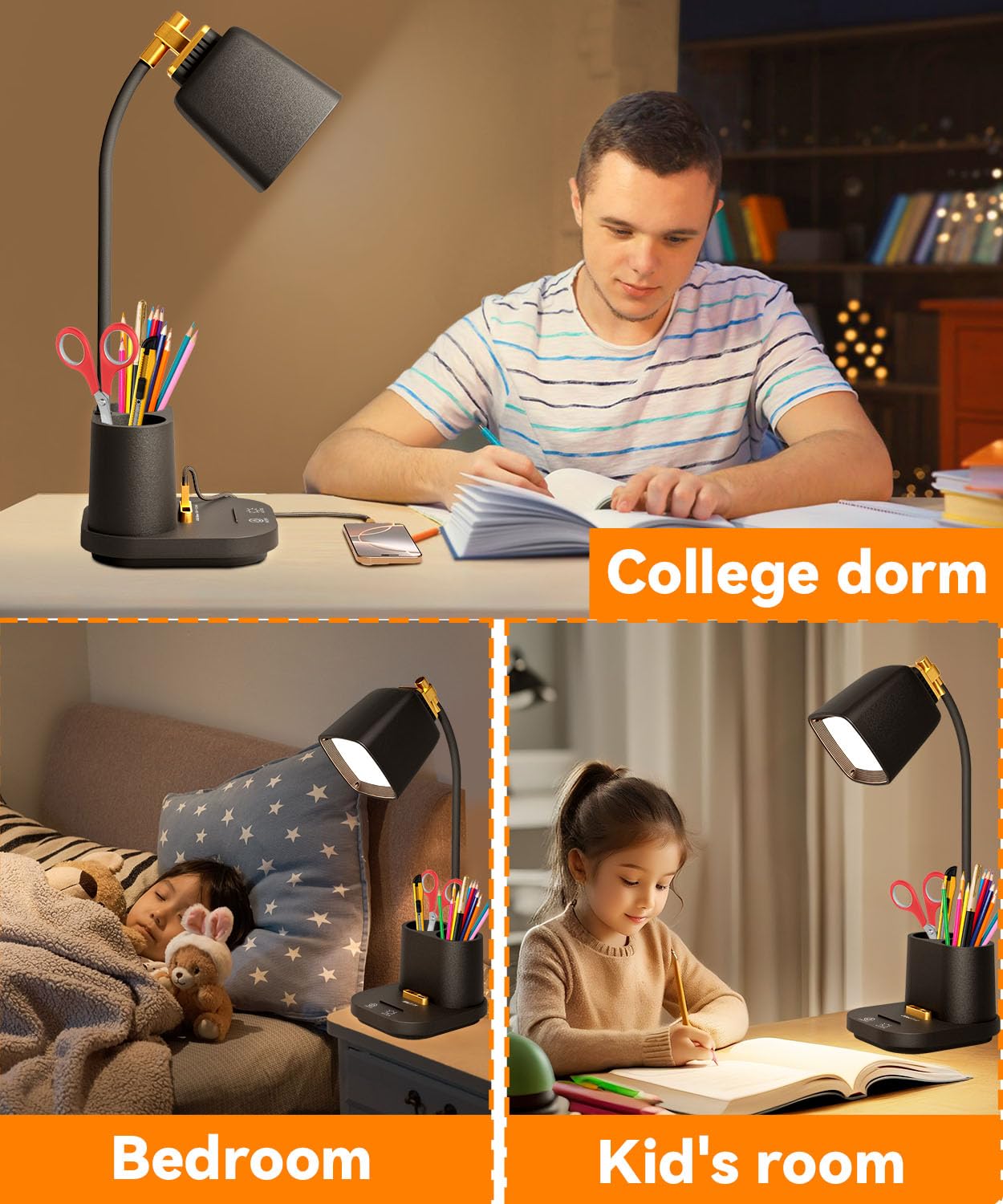 LED Desk Lamp with USB Charging Ports & Organizer, Small Table Lamps for Home Office/Bedroom/College Dorm Room,Gooseneck Desk Light with Charger for Study/Reading/Craft/Work/Task, Dorm Room Essentials