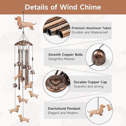 Dachshund Dog Wind Chimes for Outside,41" Metal Windchimes, Housewarming/Halloween/Festival Gifts for Women/Men, Pet Memorial Wind Chimes for Dogs, Dachshund Decor for Outside, Patio, Garden or Yard