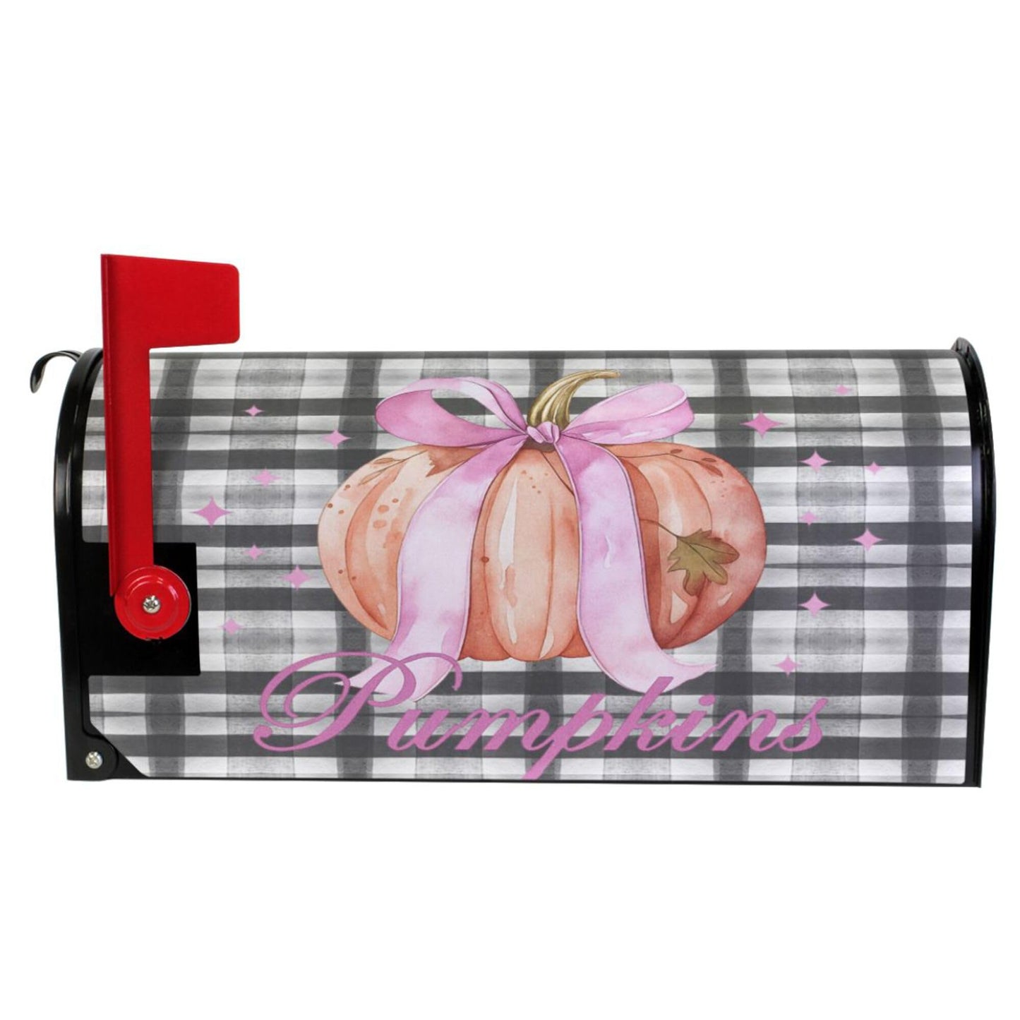 Wamika Pumpkin Pink Bow Magnetic Mailbox Covers Bowknot Fall Buffalo Plaid Mailbox Cover Over Size Full Magnet Garden Yard Porch Mail Boxes Cover Holiday Decorations 25" L x 21" W