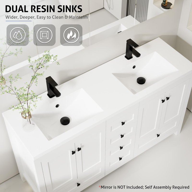 eclife 60" Bathroom Vanities with Sink Combo, Modern Thickened Wood Bathroom Storage Cabinet w/Undermount White Double Sink, Matte Black Faucet Drain, White