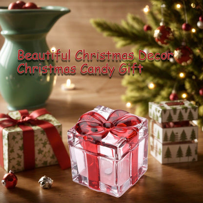 Gkesgm Set of 2 Christmas Candy Jar Red Glass Sugar Jar with Bowknot Lid,Square Crystal Peppermint Sweets Dish, Serving Tray, Serving Platter,Christmas Holiday Decor