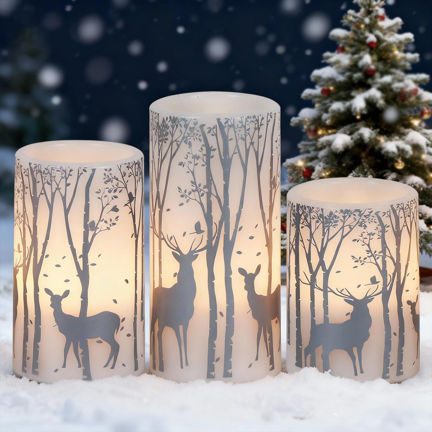 Lasumora Birch Silver Reindeer Christmas Candles with 6H Timer, Real Wax LED Candle Flameless Flickering, Battery Operated Candles Pillar for Home Décor Christmas Decorations Gifts, 3x4/5/6 inches