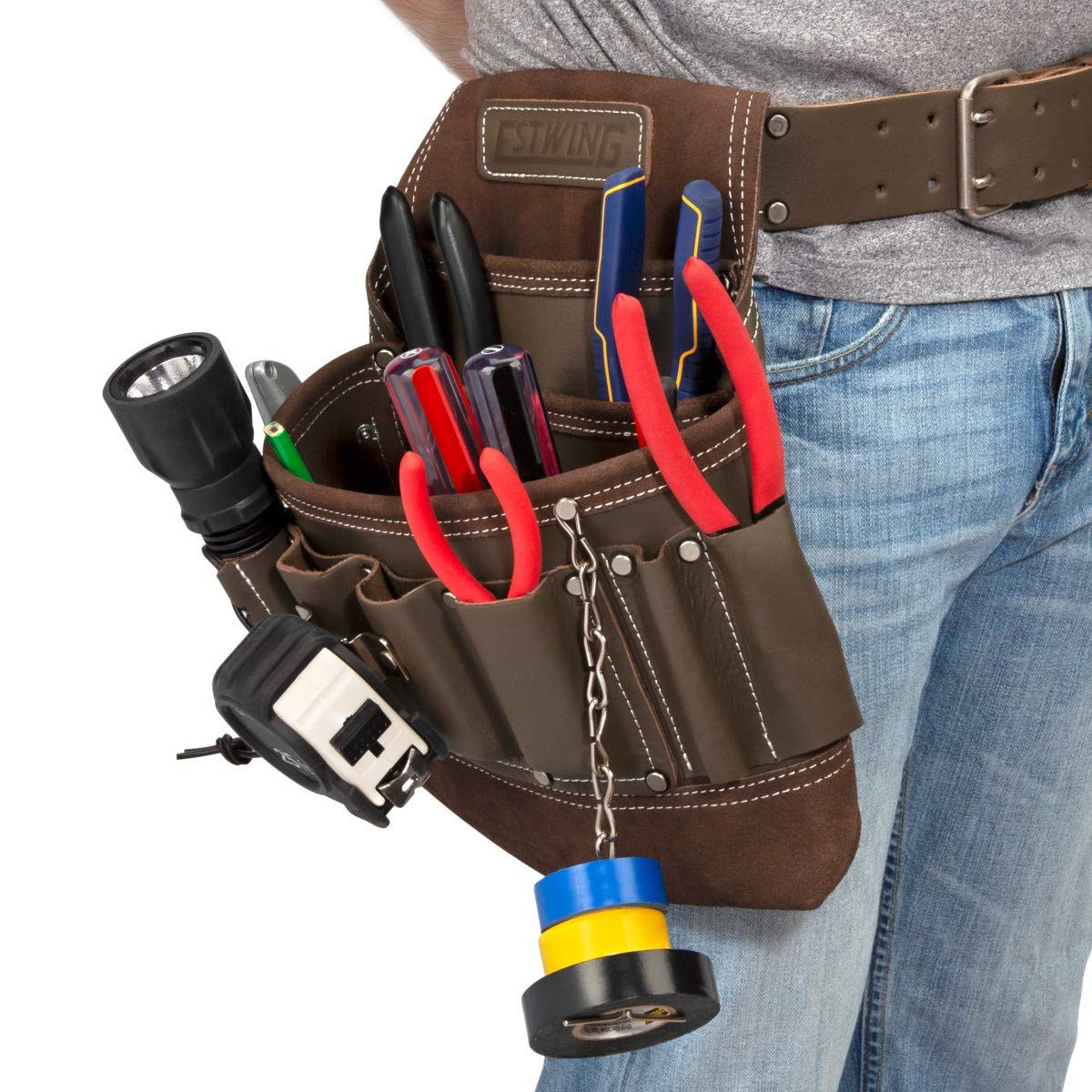 Estwing 8-Pocket Leather Electrician's Tool Pouch for Work and Tool Belts, Flashlight Loop, Tape Chain, Pliers Pockets, 3-inch Tunnel Loop