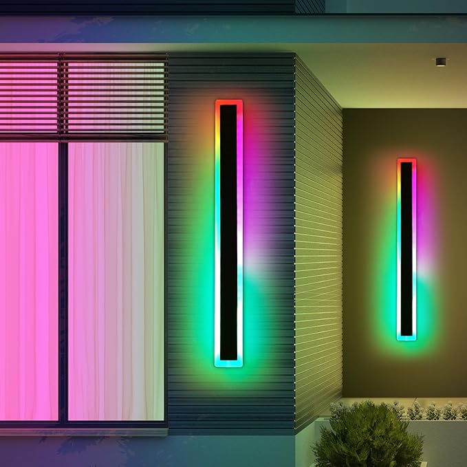 2 Pack Long LED Outdoor Wall Light, 47.2inch Dimmable Modern Wall Sconce, RGB Color Changing, IP65 Waterproof, Exterior Lighting Fixture for Porch, Patio, Garage, Yard, with Remote Control
