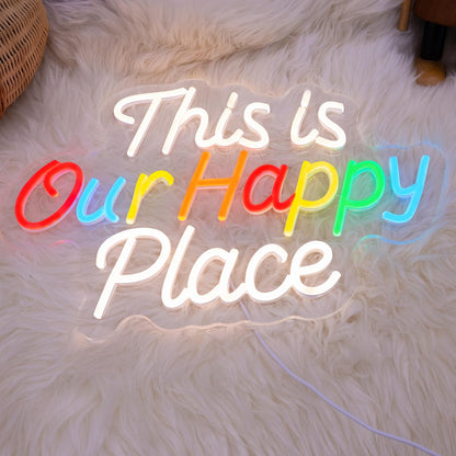 This is Our Happy Place Neon Sign, Letter Neon Signs for Wall Decor Dimmable Light up Sign, Classroom Wedding Kids Room Store Home Neon Decor 16.54 x 11.81 inch