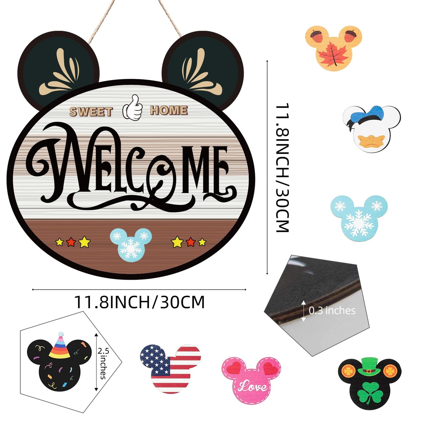 FUEMEILY 15.7'' Cute Mouse Seasonal Interchangeable Home Sign for Front Porch,18pcs Interchangeable Hanging Vertical Welcome Door Sign for Farmhouse/Wall/Porch Decor and Housewarming Gift