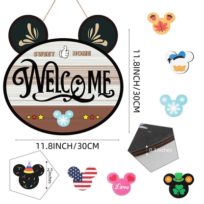FUEMEILY 15.7'' Cute Mouse Seasonal Interchangeable Home Sign for Front Porch,18pcs Interchangeable Hanging Vertical Welcome Door Sign for Farmhouse/Wall/Porch Decor and Housewarming Gift