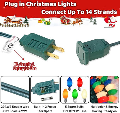50 Feet C7 LED Christmas Lights Outdoor Multicolor Christmas Lights with 50 + 5 LED C7 Bulbs - for Holiday Xmas Decorations - Light Up House Stairs Porch Tree Yard Decor, Energy Efficient 0.6W = 7W