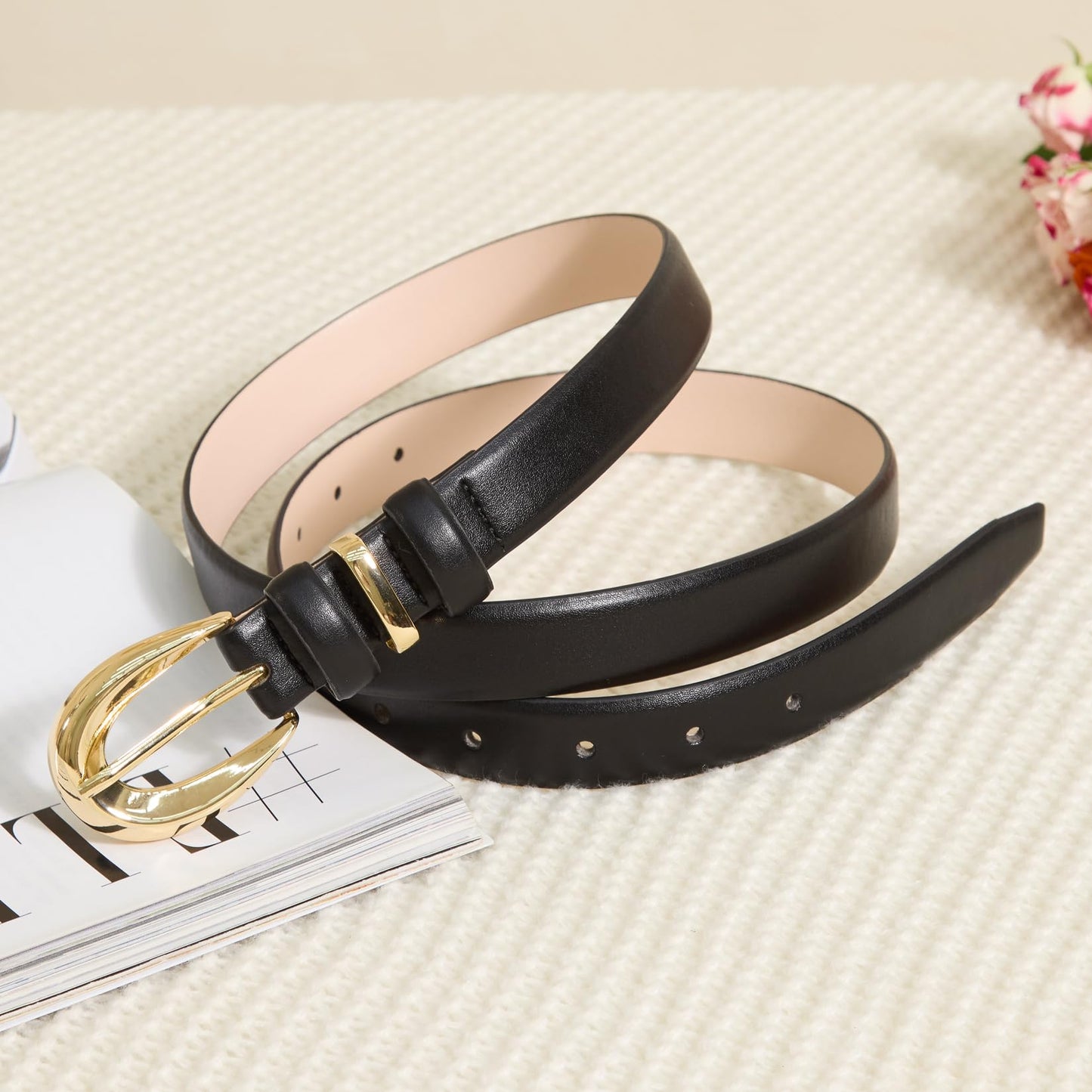 DENGFENGZHE Women Belts for Jeans Dresses Pants Fashion Ladies Skinny Leather Waist Belt with Gold Buckle Gift Box